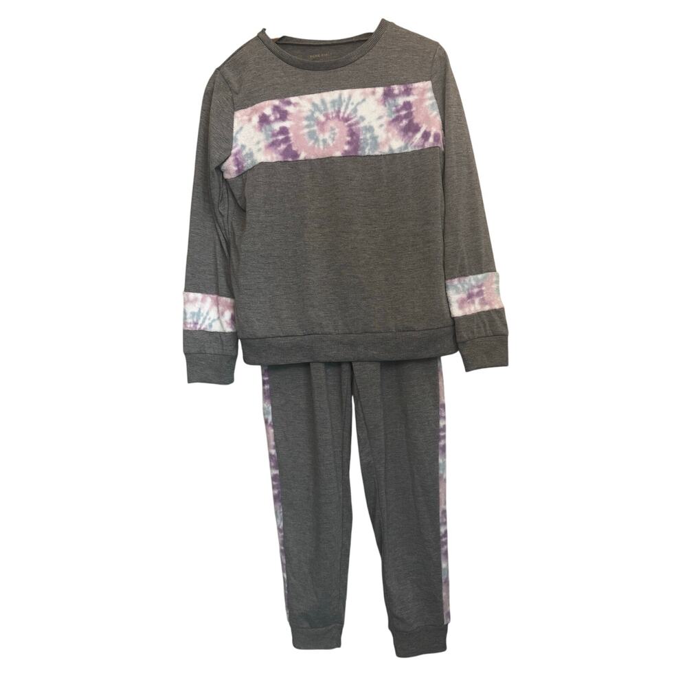 BCBG Girls Large 14/16 Pajama Set Gray Purple Tie Dye Trim Lounge Sleepwear